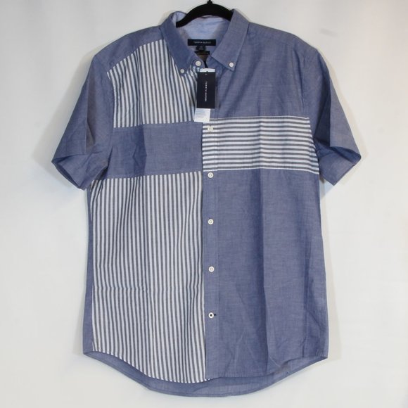 Tommy Hilfiger Custom Fit Large Blue White Button Down Short Sleeve Shirt NWT - Picture 1 of 6